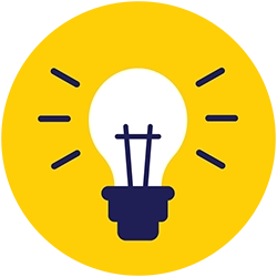 A white lightbulb icon with black base and rays, centered on a yellow circular background.